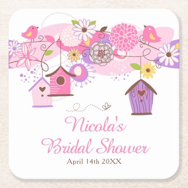 Posavasos Cuadrado De Papel Duchas de boda de jaulas de pájaros florales rosad (Anverso)