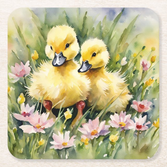 Posavasos Cuadrado De Papel Ducklings de acuarela en Wildflower Meadow (Anverso)