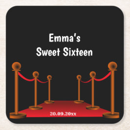 Posavasos Cuadrado De Papel Dulce 16 cumpleaños de Confetti de alfombra roja y