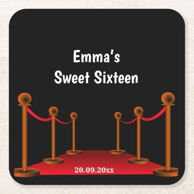 Posavasos Cuadrado De Papel Dulce 16 cumpleaños de Confetti de alfombra roja y (Anverso)