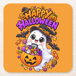 Posavasos Cuadrado De Papel Dulce Calabaza Fantasma de Halloween Adorable