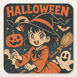 Posavasos Cuadrado De Papel Dulce caricatura japonesa retro de Halloween