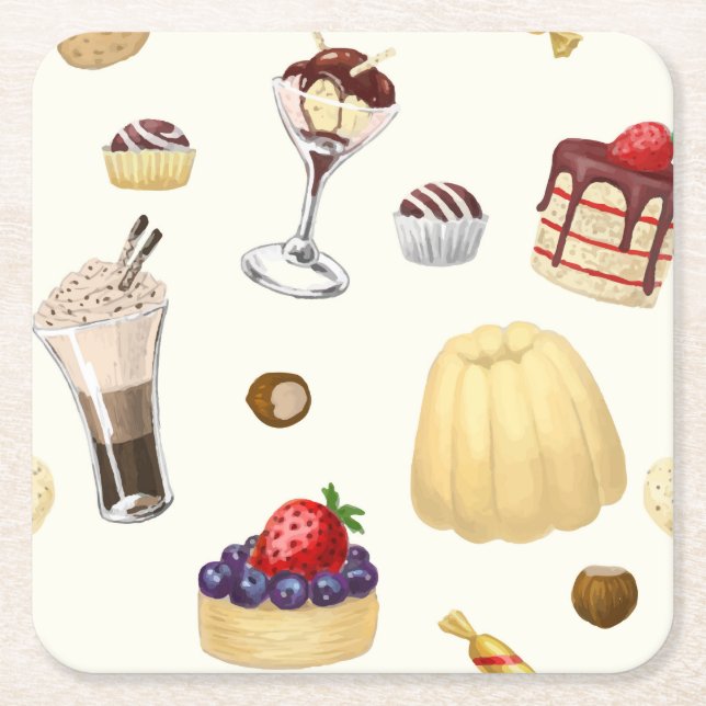Posavasos Cuadrado De Papel Dulce con postres variados. (Anverso)
