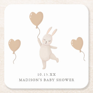 Posavasos Cuadrado De Papel Dulce conejito con Baby Shower en globo cardíaco