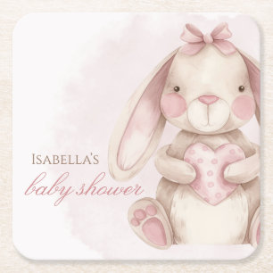 Posavasos Cuadrado De Papel Dulce conejo acuarela rosa baby shower