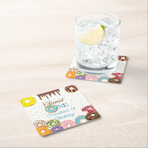 Posavasos Cuadrado De Papel Dulce cumpleaños de un donut 1.ᵉʳ Fiesta de cump