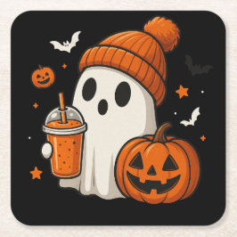 Posavasos Cuadrado De Papel Dulce Fantasma de Halloween con Calabaza y Bebida 