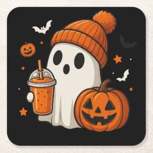 Posavasos Cuadrado De Papel Dulce Fantasma de Halloween con Calabaza y Bebida