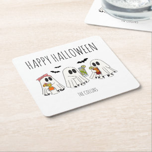 Posavasos Cuadrado De Papel Dulce Fantasma Retro y Cócteles Feliz Halloween