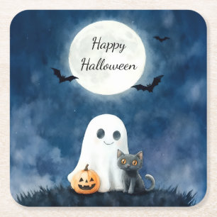 Posavasos Cuadrado De Papel Dulce Fantasma y Gato Negro Halloween
