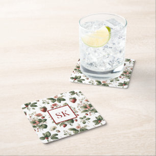 Posavasos Cuadrado De Papel Dulce Fresa y Patrón Floral Monograma Personalizad