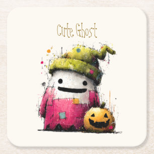 Posavasos Cuadrado De Papel Dulce Parche de Acuarela Fantasma Hallow