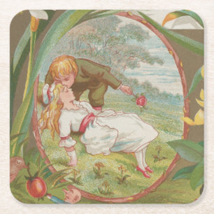 Posavasos Cuadrado De Papel Dulce San Valentín inocente vintage, Kate Greenway