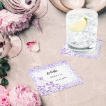 Posavasos Cuadrado De Papel Dulce vestido blanco violeta de 16<br><div class="desc">Un fondo blanco. Un fondo blanco decorado con chispas violetas,  confeti y un vestido blanco y violeta. Personalice y agregue un nombre y una fecha.</div>