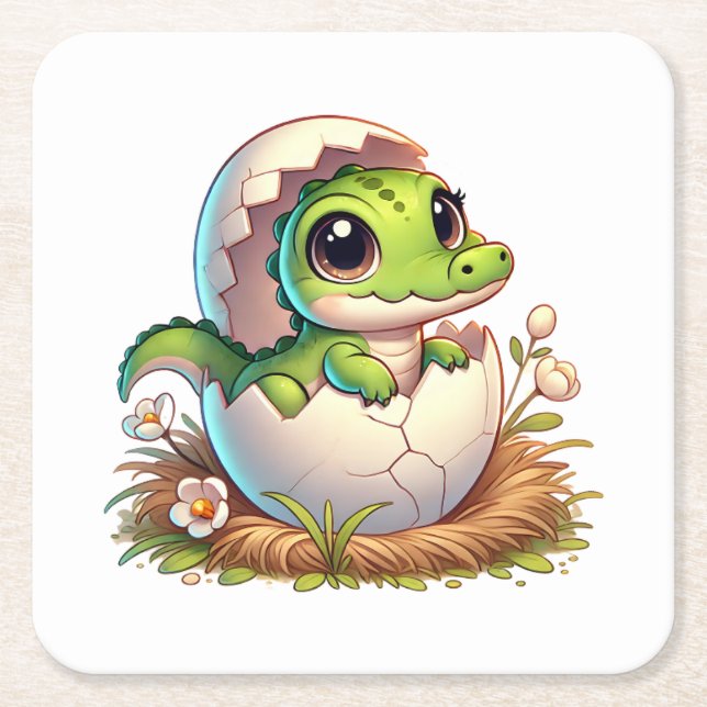 Posavasos Cuadrado De Papel Dulce y Kawaii Cría de Caimán Rompiendo el Cascaró (Anverso)