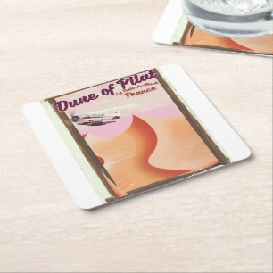 Posavasos Cuadrado De Papel Duna de Pilat, afiche de viaje de Dunes vintage Fr