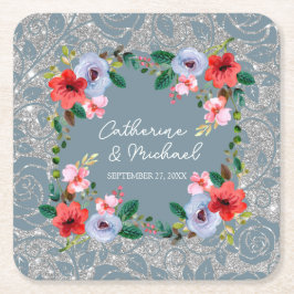 Posavasos Cuadrado De Papel Duste Blue Silver Purpurina Floral acuarela