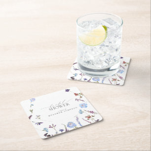 Posavasos Cuadrado De Papel Duste Blue Wildflower Watercolor Ducha de novia