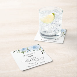 Posavasos Cuadrado De Papel Dusty Blue Flowers, Greenery, Boho, Birthday