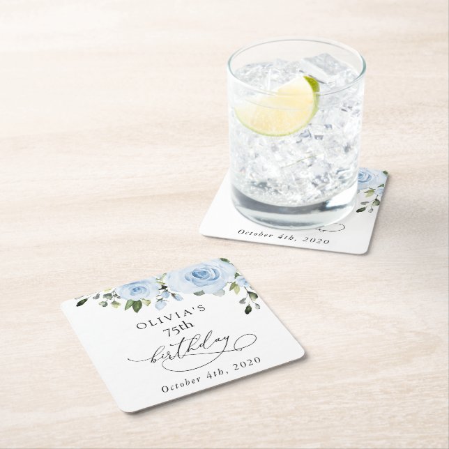 Posavasos Cuadrado De Papel Dusty Blue Flowers, Greenery, Boho, Birthday (In situ)