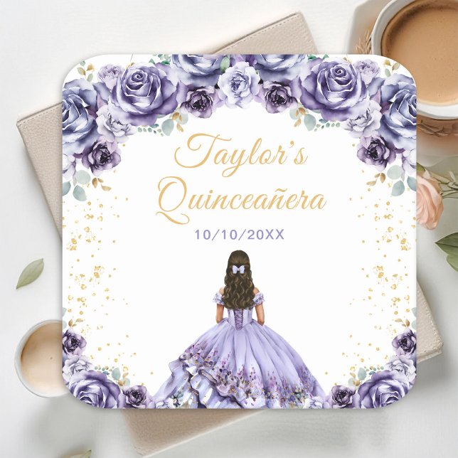 Posavasos Cuadrado De Papel Dusty Purple Princess Floral Quinceañera (Subido por el creador)