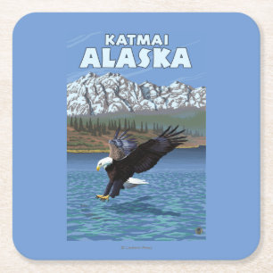 Posavasos Cuadrado De Papel Eagle calvo que se zambulle - Katmai, Alaska