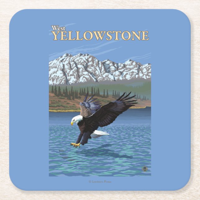 Posavasos Cuadrado De Papel Eagle calvo que se zambulle - Yellowstone del (Anverso)