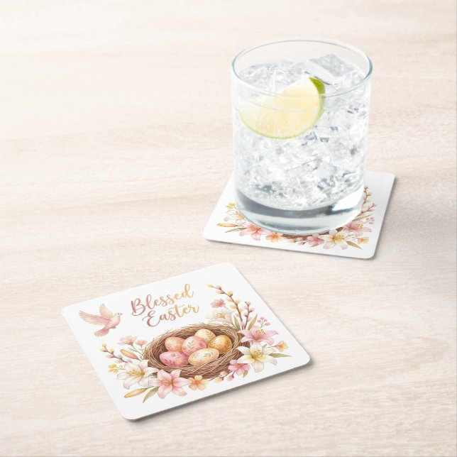 Posavasos Cuadrado De Papel Easter Nest with Eggs (In situ)