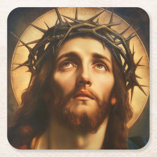 Posavasos Cuadrado De Papel Ecce Homo Jesucristo con Corona de Espinas