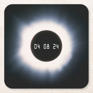 Posavasos Cuadrado De Papel Eclipse solar total 2024 en blanco y negro