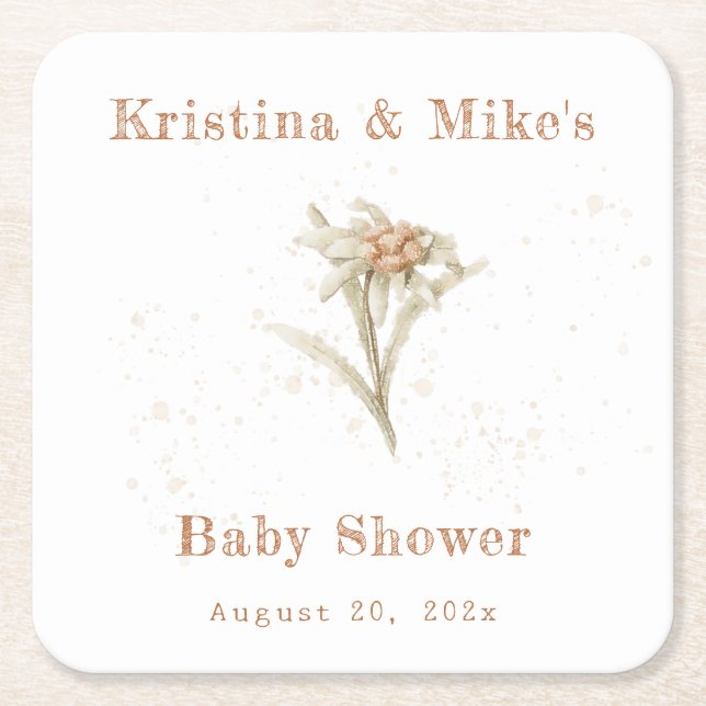 Posavasos Cuadrado De Papel Edelweiss Wildflower Baby Shower (Anverso)