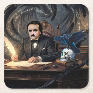 Posavasos Cuadrado De Papel Edgar A. Poe Componiendo El Cuervo En Sueños Gótic