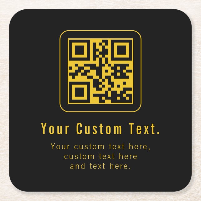 Posavasos Cuadrado De Papel Editable QR Code & Text Template | Black & Gold (Anverso)