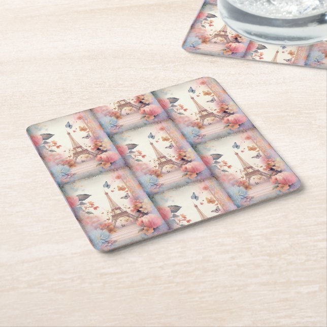 Posavasos Cuadrado De Papel Eiffel Tower Butterflies and Flowers (En perspectiva)