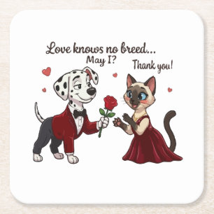 Posavasos Cuadrado De Papel El amor no conoce raza Dálmata y gato siamés