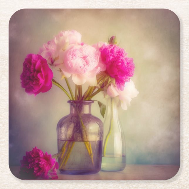 Posavasos Cuadrado De Papel El antiguo Bouquet Peony en las jaulas de vidrio (Anverso)