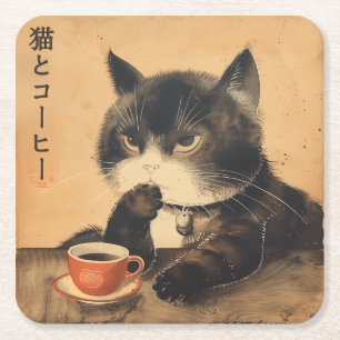 Posavasos Cuadrado De Papel El arte del Japón vintage es un lindo gato con una