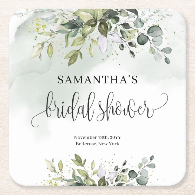 Posavasos Cuadrado De Papel El Boho Eucalyptus verde ramas oro (Anverso)