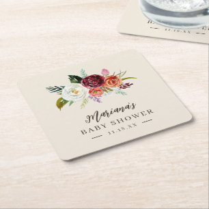 Posavasos Cuadrado De Papel El boho otoñal florece en Baby Shower personalizad
