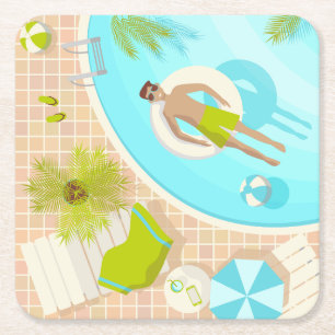 Posavasos Cuadrado De Papel El chico de la piscina en vacaciones de playa de v