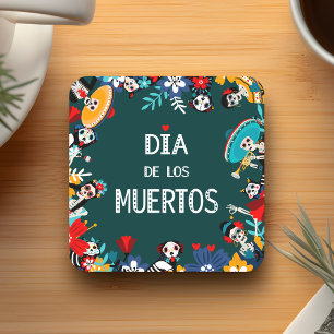 Posavasos Cuadrado De Papel El colorido círculo verde del Día de los Muertos