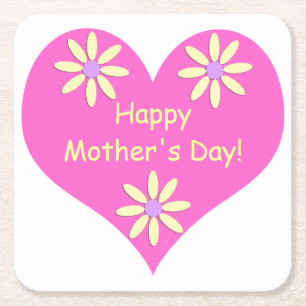 Posavasos Cuadrado De Papel El corazón rosado y las flores amarillas del Día