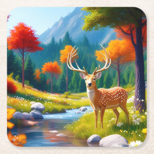 Posavasos Cuadrado De Papel El Deer Dorado en el bosque 987679