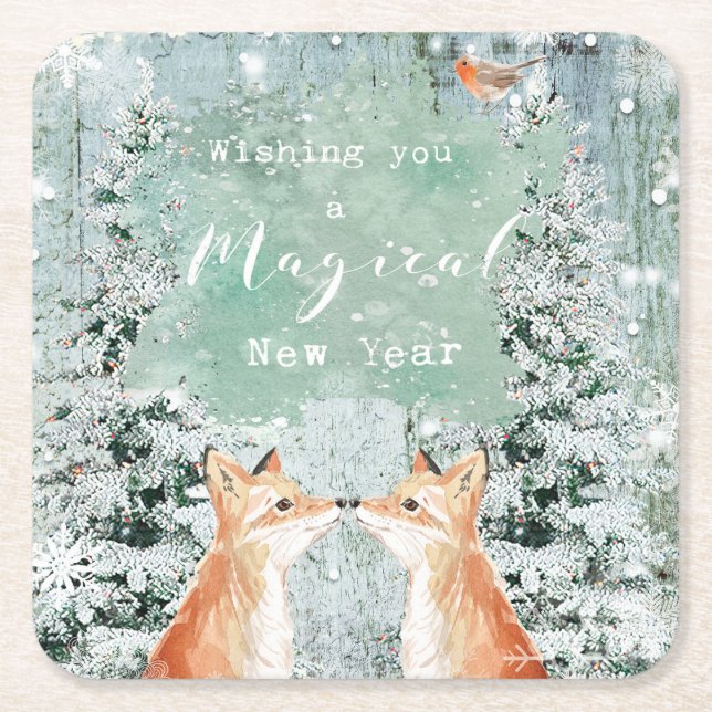 Posavasos Cuadrado De Papel El día de fiesta de las Felices Navidad foxes (Anverso)