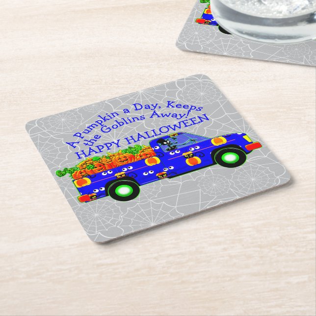 Posavasos Cuadrado De Papel El Día de la Calabaza de Camiones de Halloween man (En perspectiva)