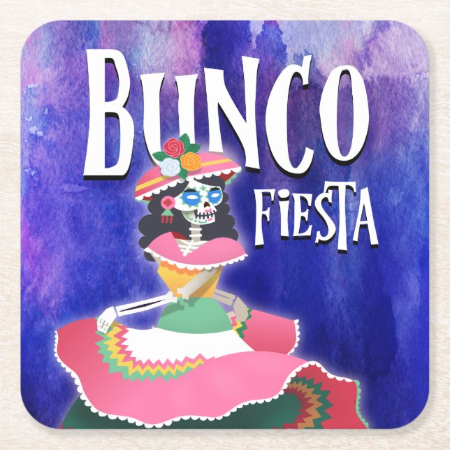 Posavasos Cuadrado De Papel El Día de la Fiesta del Fiesta Bunco del esqueleto (Anverso)