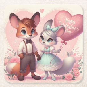 Posavasos Cuadrado De Papel El día de San Valentín de zorros de personalizado