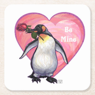 Posavasos Cuadrado De Papel El día de San Valentín Penguin