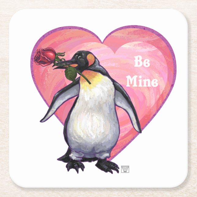 Posavasos Cuadrado De Papel El día de San Valentín Penguin (Anverso)