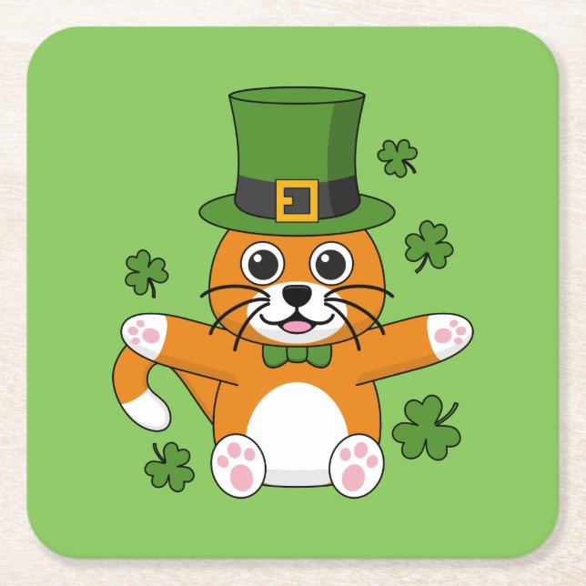 Posavasos Cuadrado De Papel El gato del día de San Patricio con el Personaliza (Anverso)